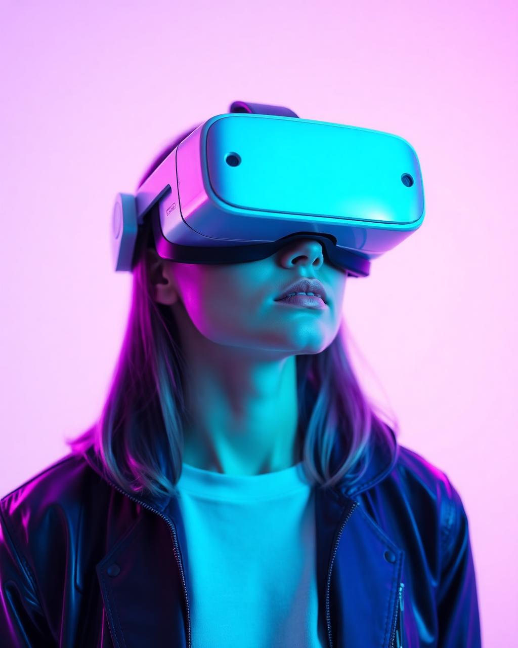 Person wearing iridescent VR headset